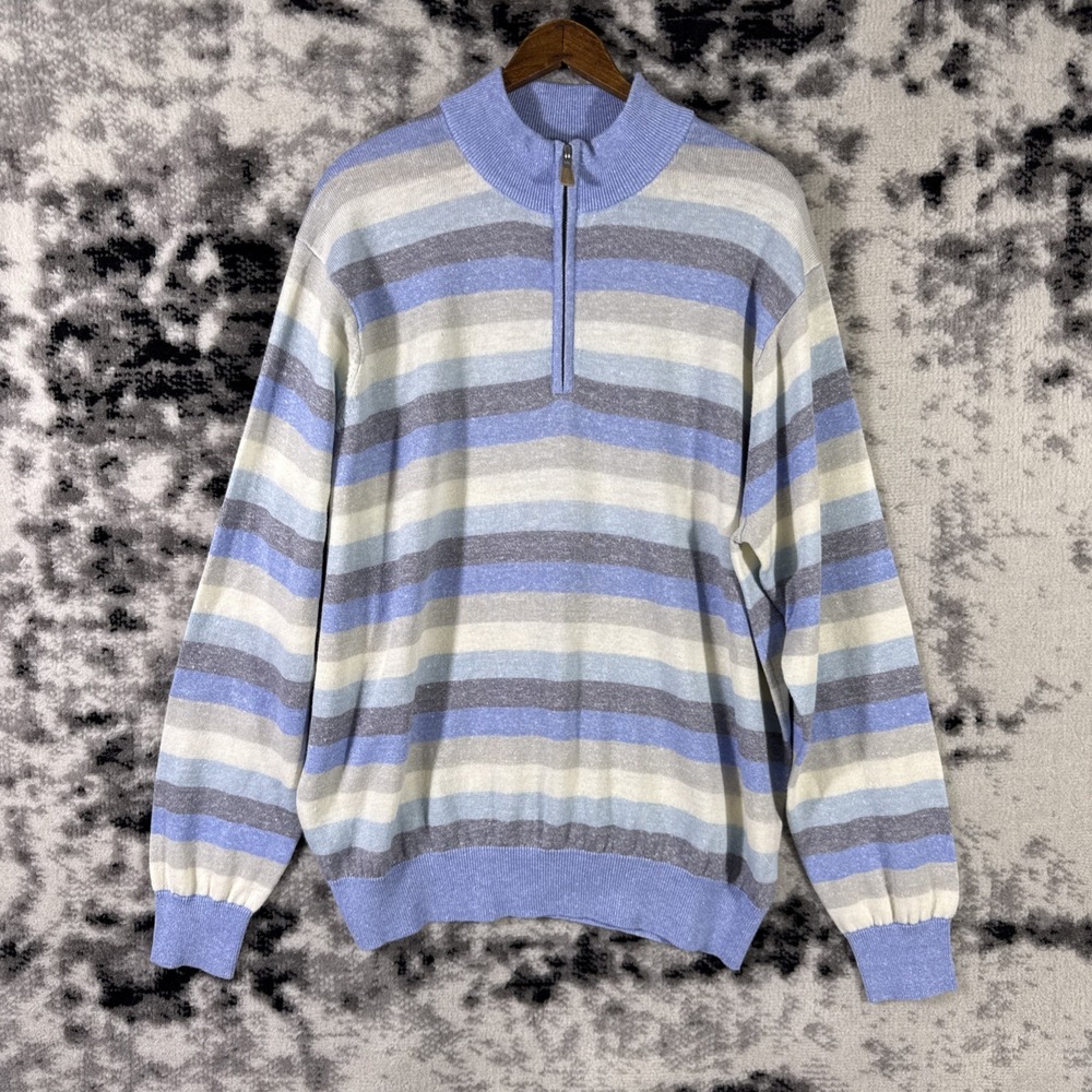 Peter Millar Sweater Mens Size Extra‎ Large Striped Merino Wool Linen 1/4 Zip
